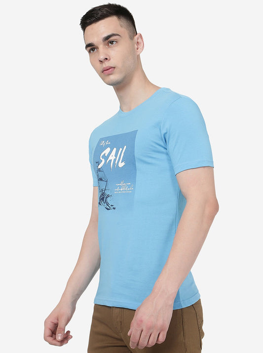 Light Blue Printed Slim Fit T-Shirt | Greenfibre