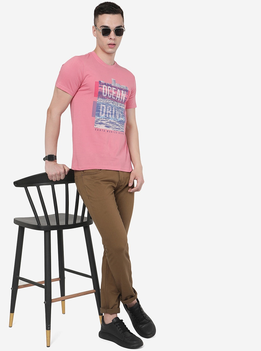 Light Pink Printed Slim Fit T-Shirt | Greenfibre