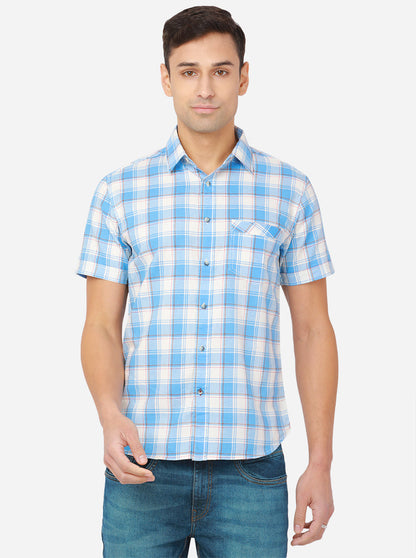 White & Azure Blue Checked Slim Fit Semi Casual Shirt | Greenfibre