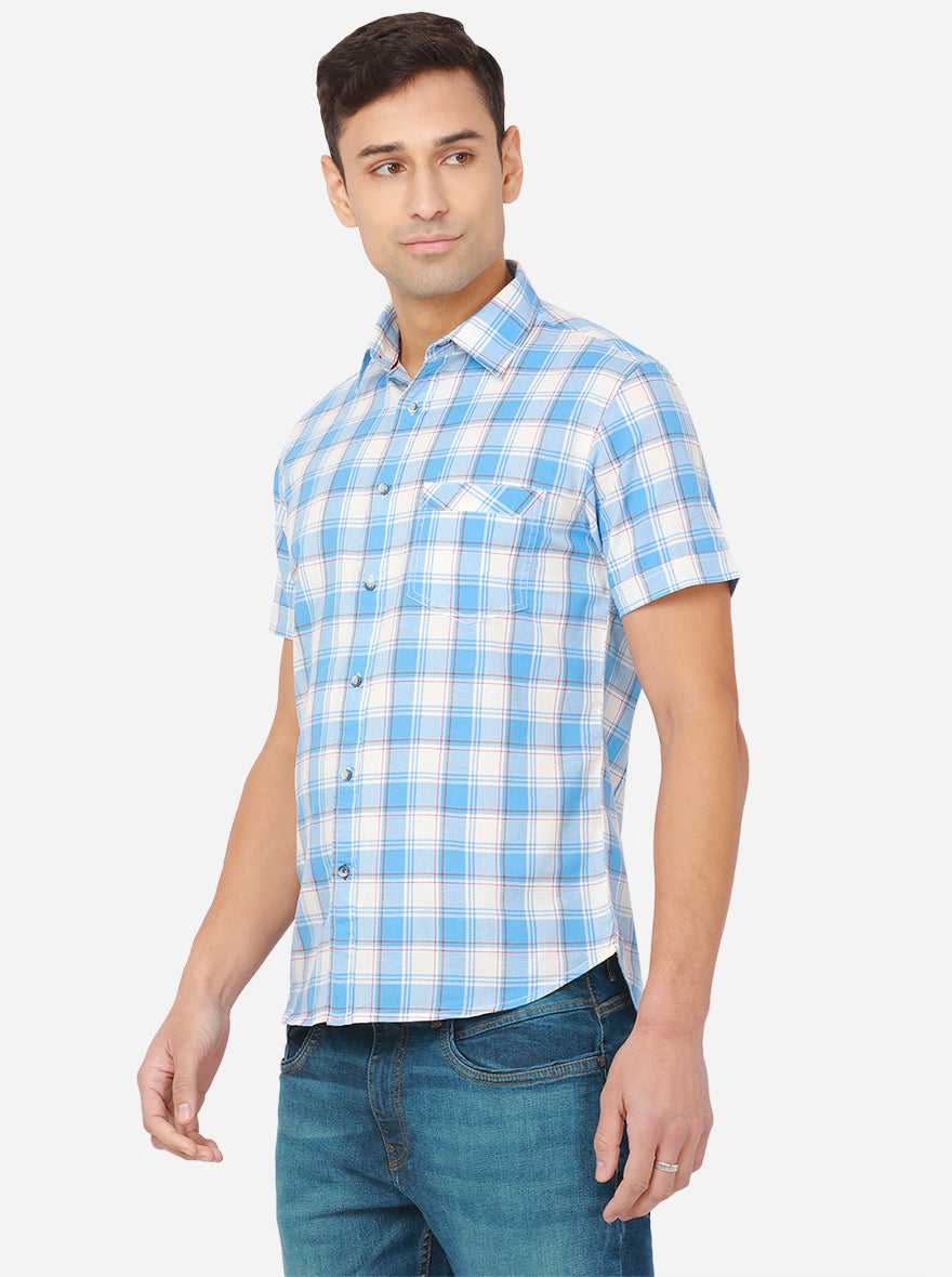 White & Azure Blue Checked Slim Fit Semi Casual Shirt | Greenfibre