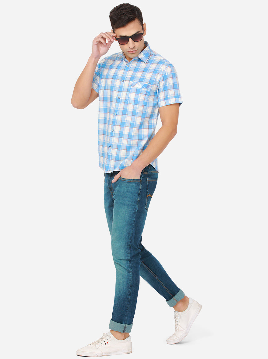 White & Azure Blue Checked Slim Fit Semi Casual Shirt | Greenfibre