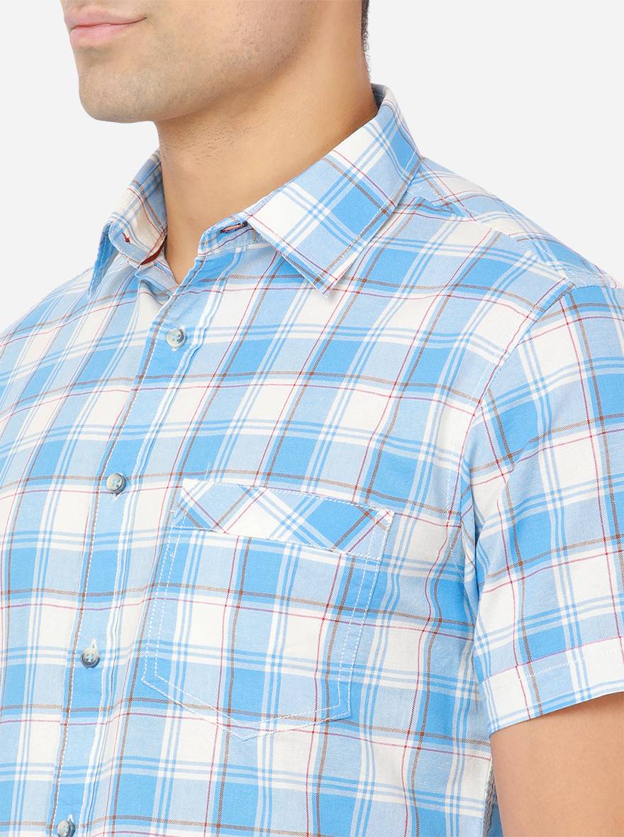 White & Azure Blue Checked Slim Fit Semi Casual Shirt | Greenfibre