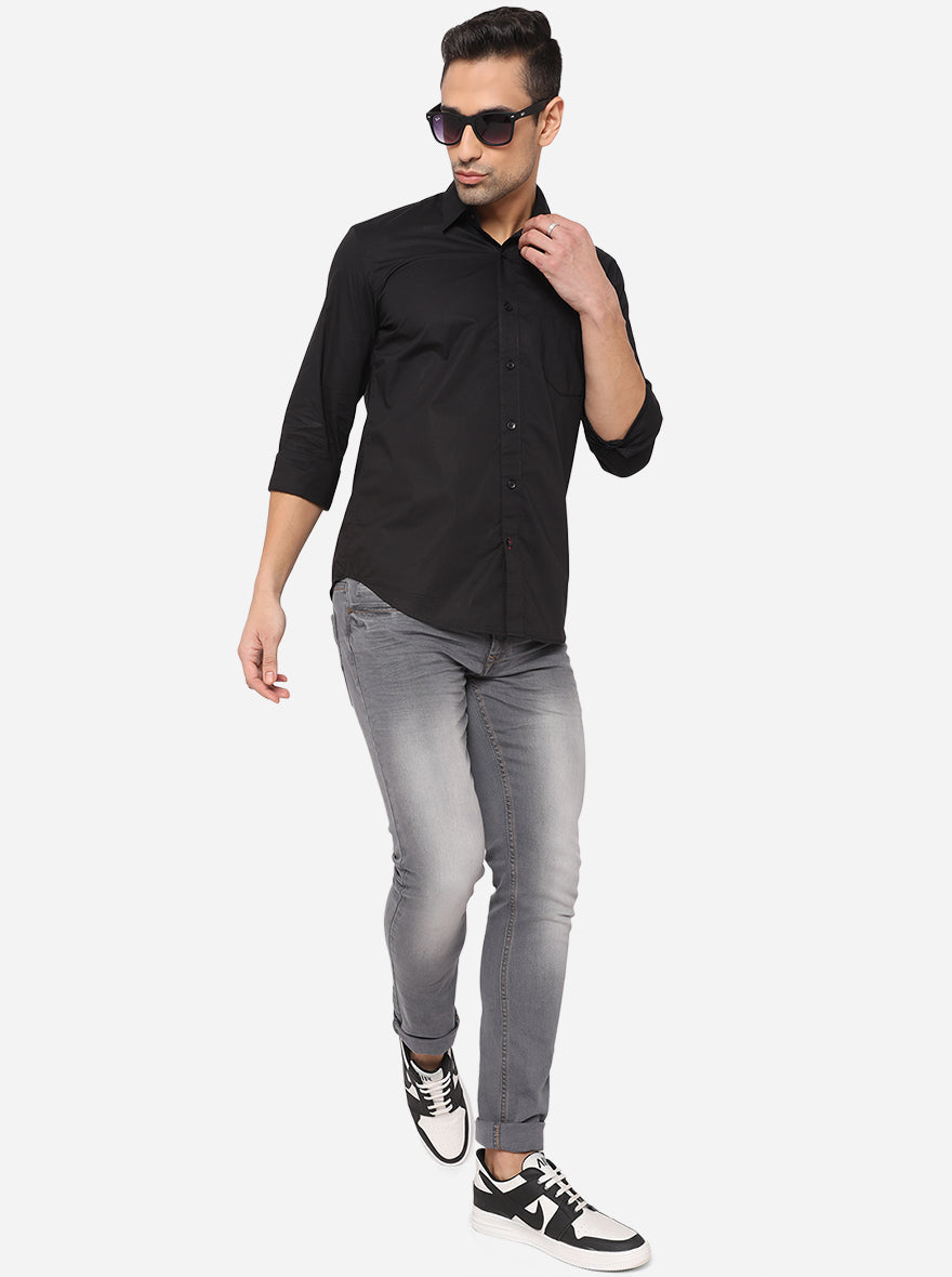 Jet Black Solid Slim Fit Casual Shirt | Greenfibre