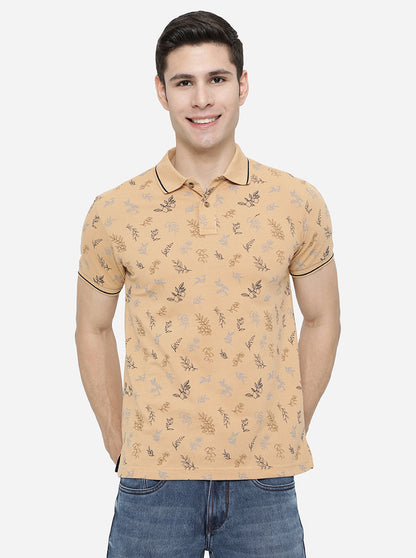 Honey Yellow Printed Slim Fit Polo T-Shirt | Greenfibre