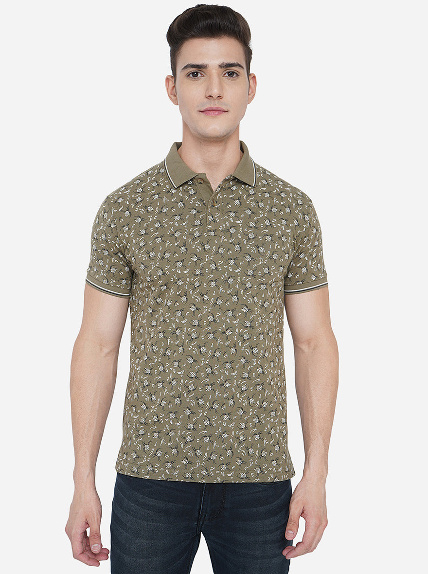 Olive Printed Slim Fit Polo T-Shirt | Greenfibre