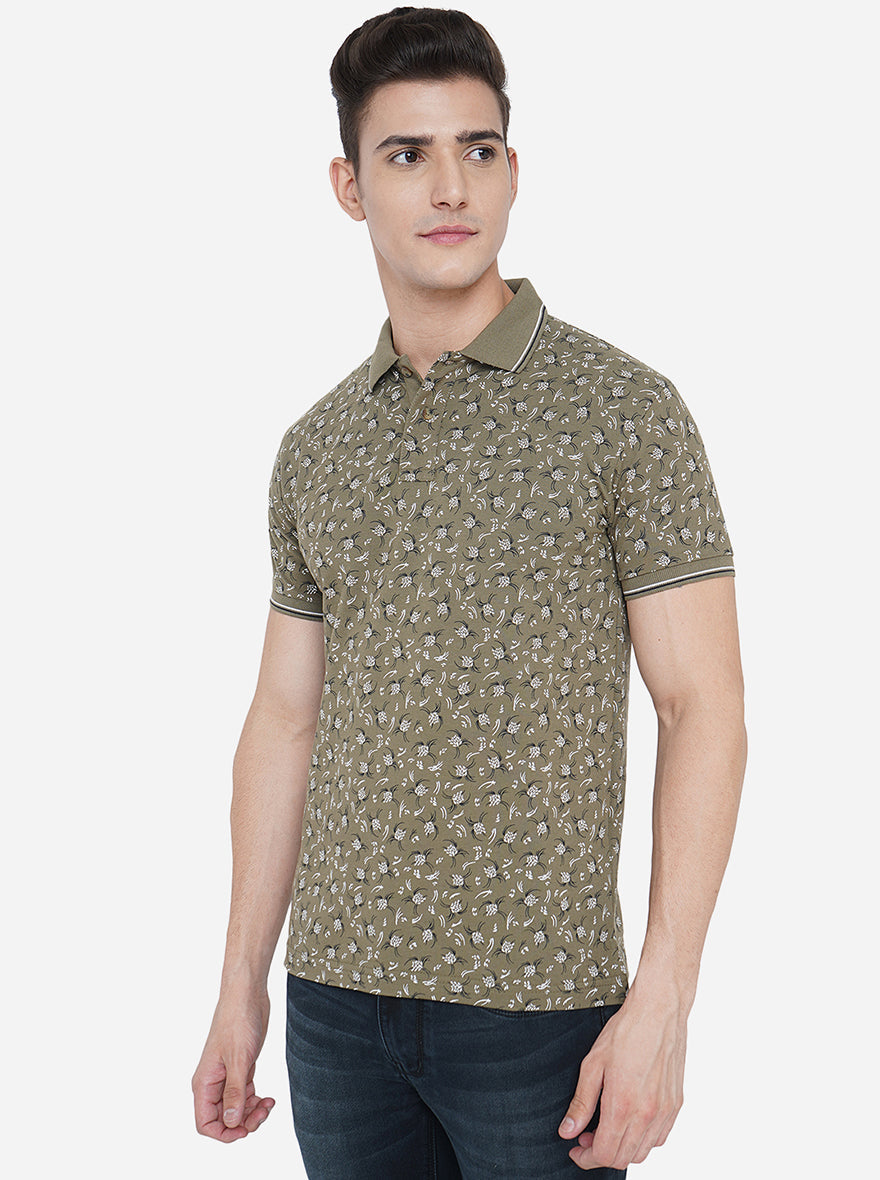 Olive Printed Slim Fit Polo T-Shirt | Greenfibre