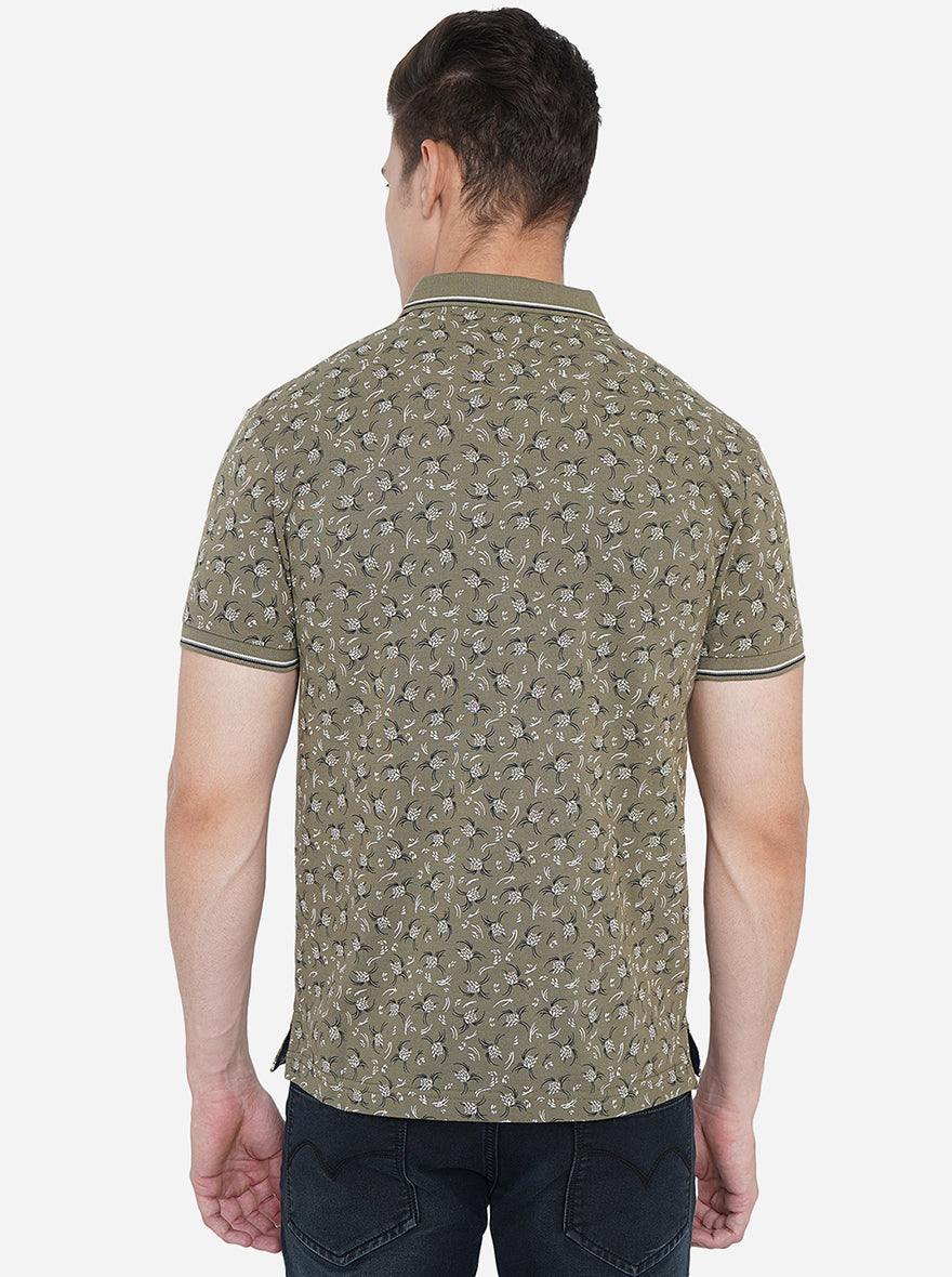 Olive Printed Slim Fit Polo T-Shirt | Greenfibre