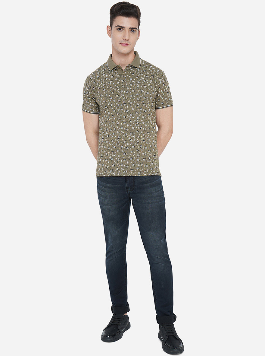 Olive Printed Slim Fit Polo T-Shirt | Greenfibre