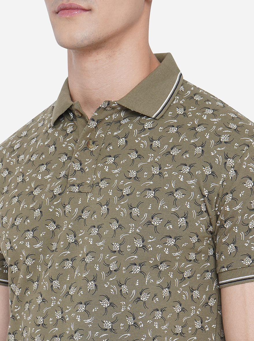 Olive Printed Slim Fit Polo T-Shirt | Greenfibre