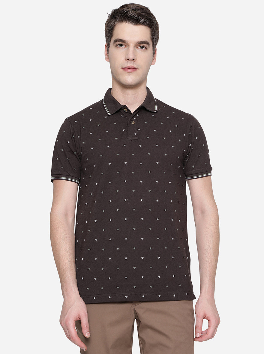 Coffee Brown Printed Slim Fit Polo T-Shirt | Greenfibre