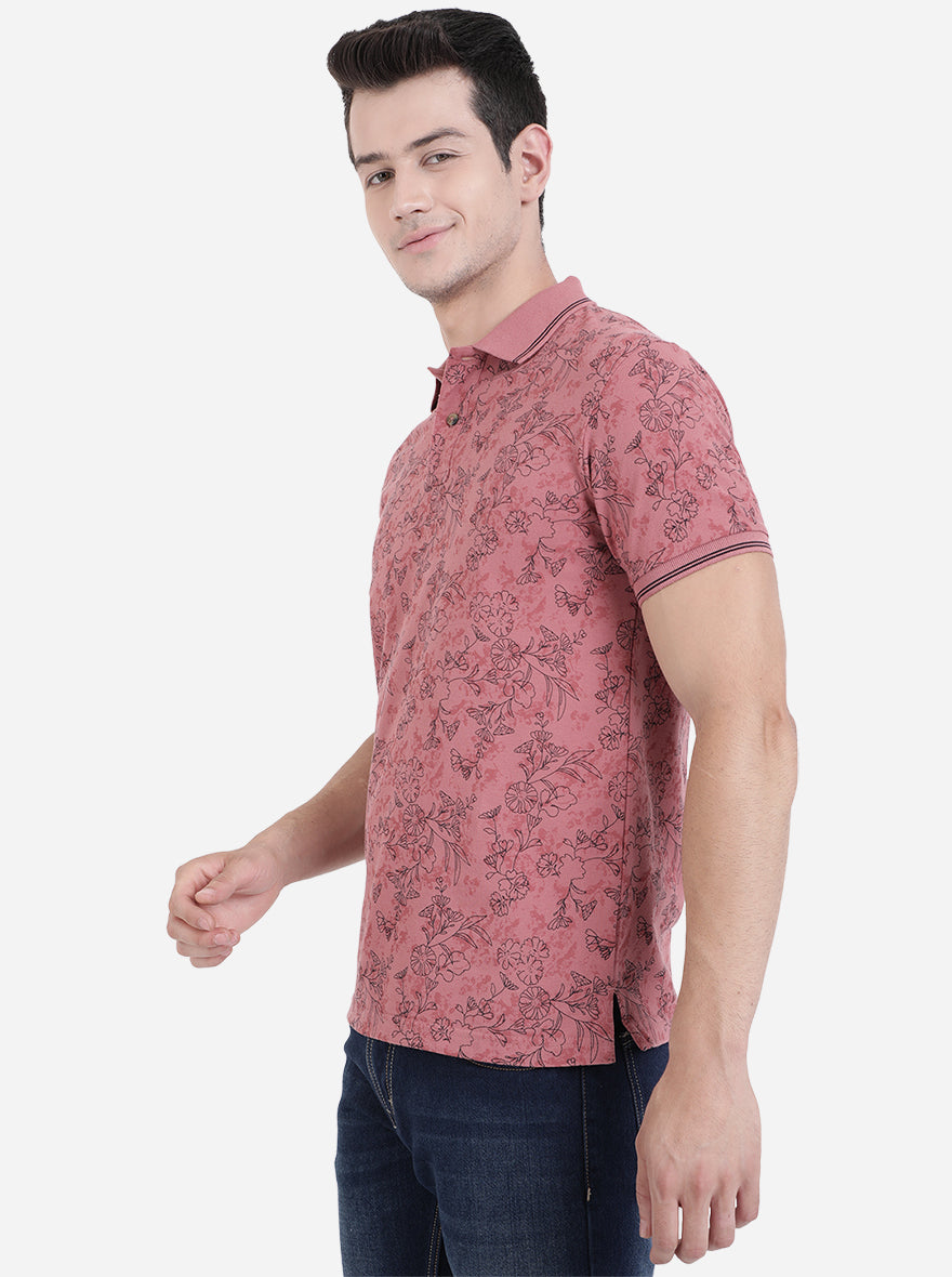 Island Pink Printed Slim Fit Polo T-Shirt | Greenfibre