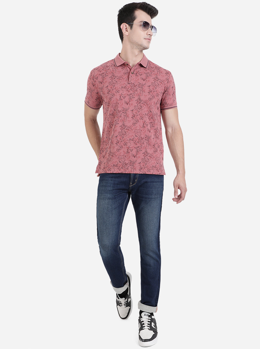 Island Pink Printed Slim Fit Polo T-Shirt | Greenfibre