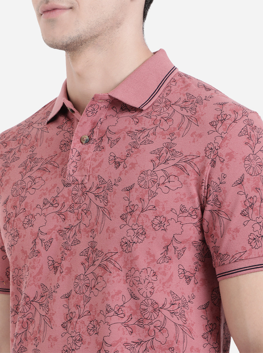 Island Pink Printed Slim Fit Polo T-Shirt | Greenfibre