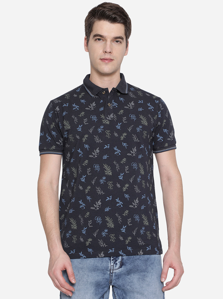 Navy Blue Printed Slim Fit Polo T-Shirt | Greenfibre