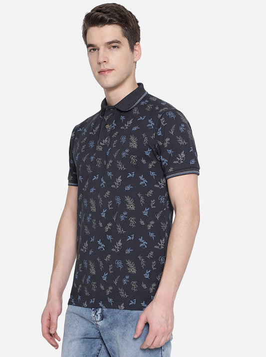 Navy Blue Printed Slim Fit Polo T-Shirt | Greenfibre