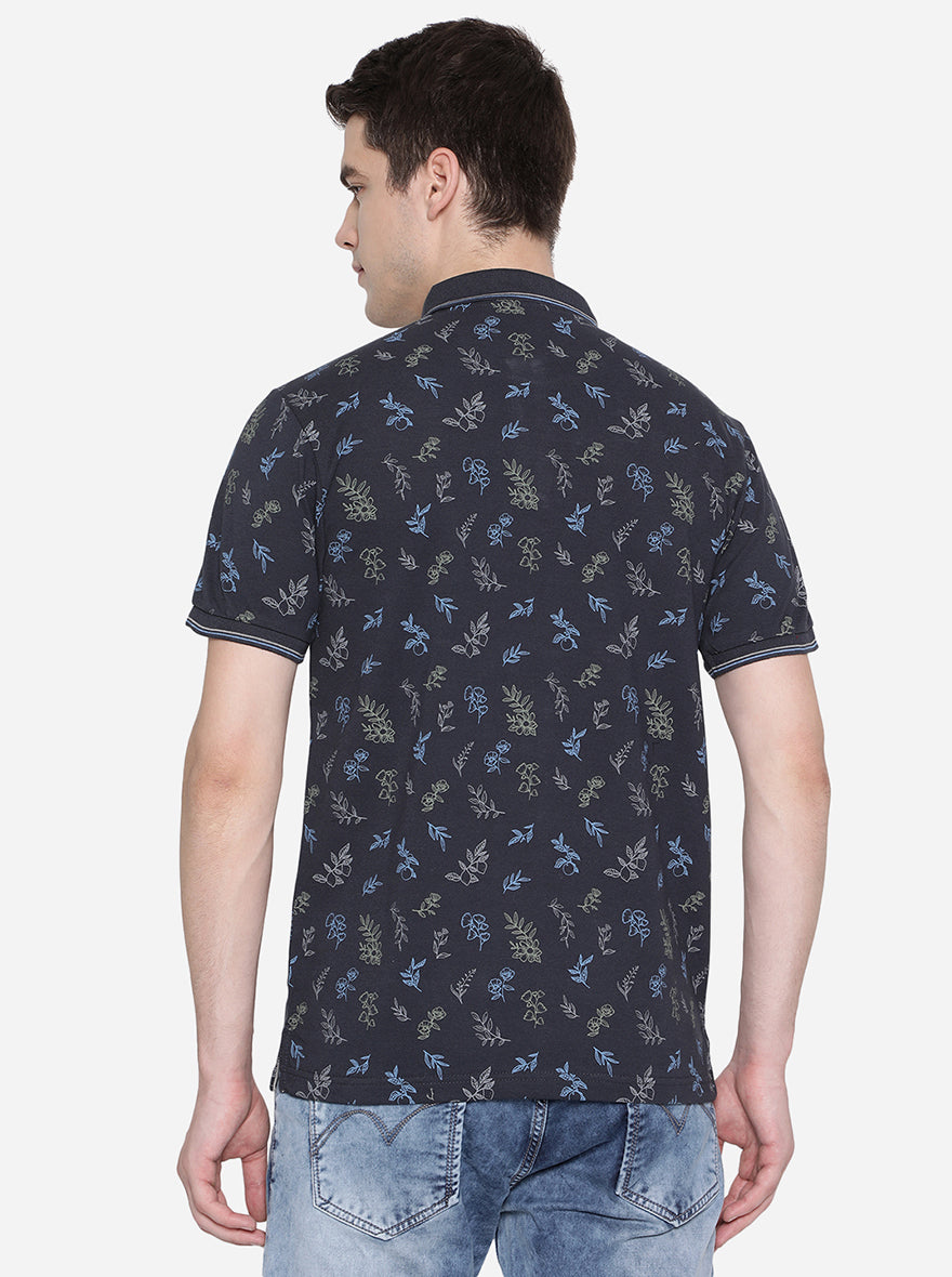 Navy Blue Printed Slim Fit Polo T-Shirt | Greenfibre