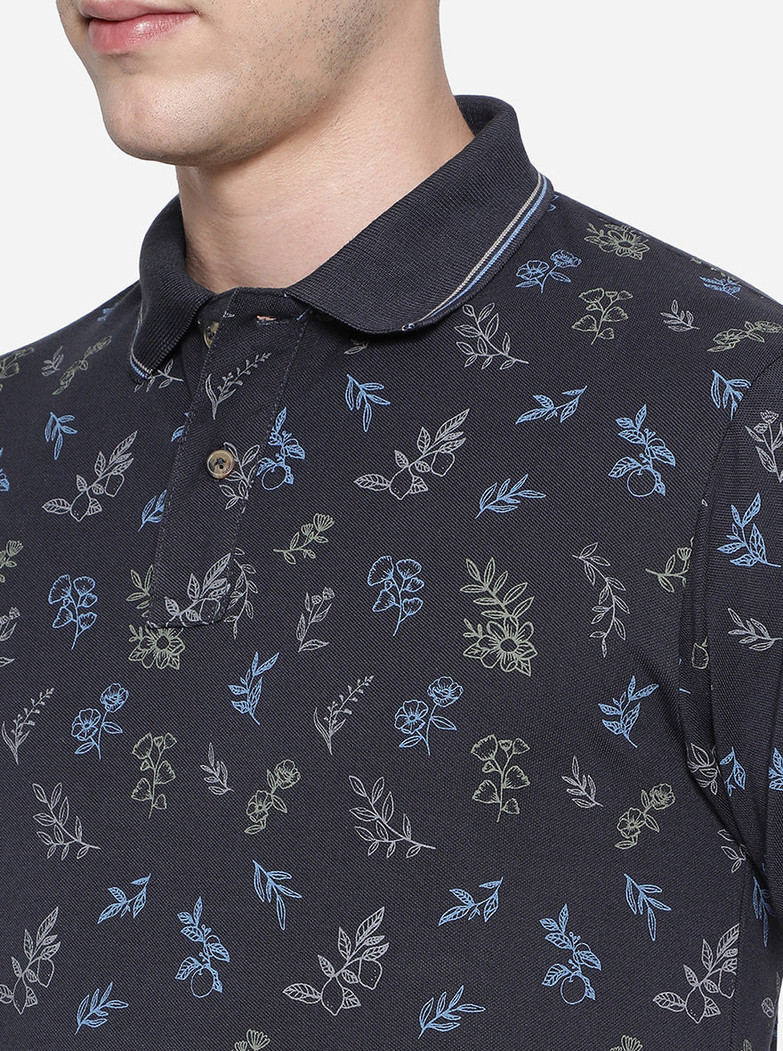 Navy Blue Printed Slim Fit Polo T-Shirt | Greenfibre