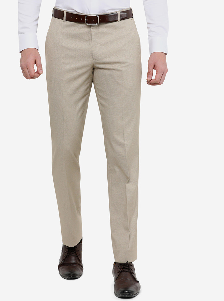 Beige Solid Slim Fit Formal Trouser | Greenfibre