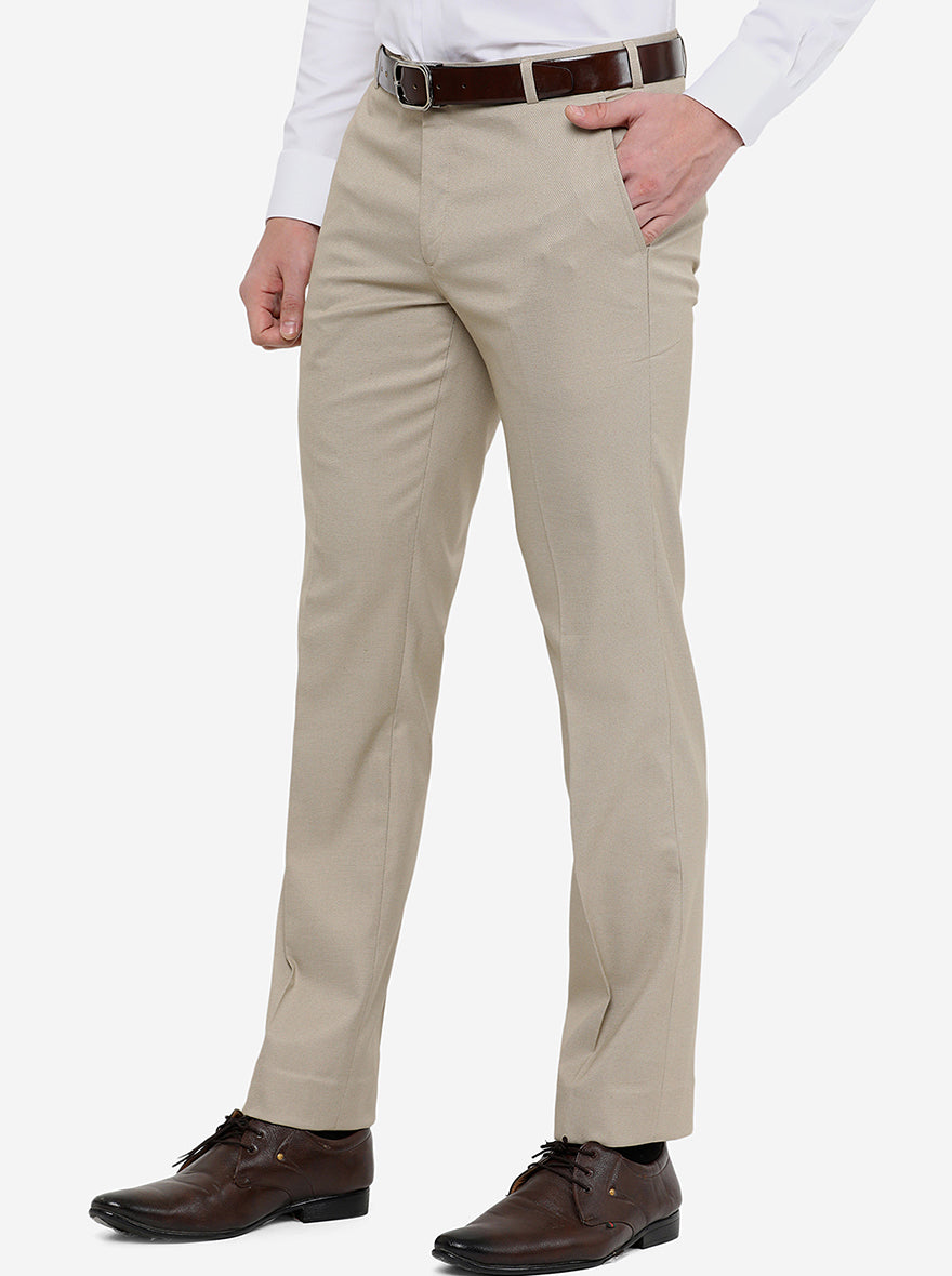 Beige Solid Slim Fit Formal Trouser | Greenfibre