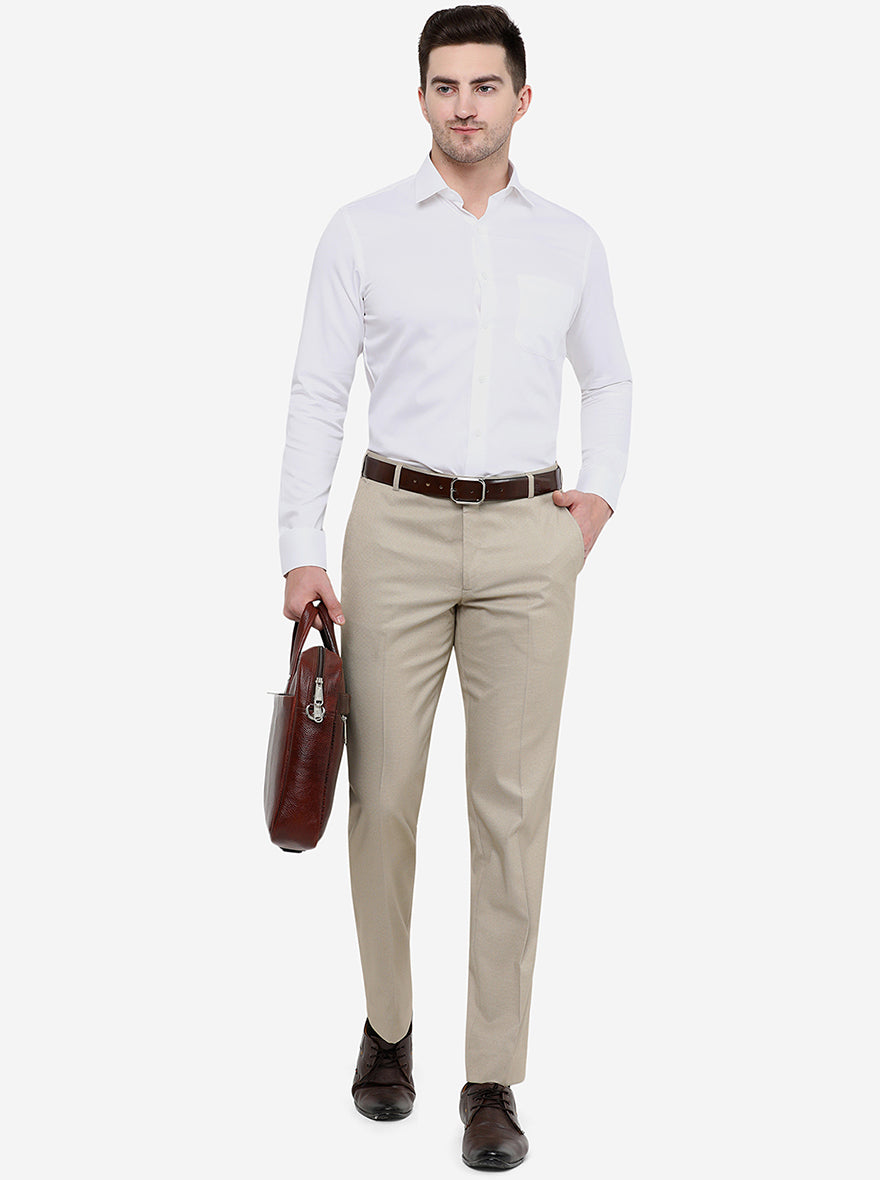 Beige Solid Slim Fit Formal Trouser | Greenfibre