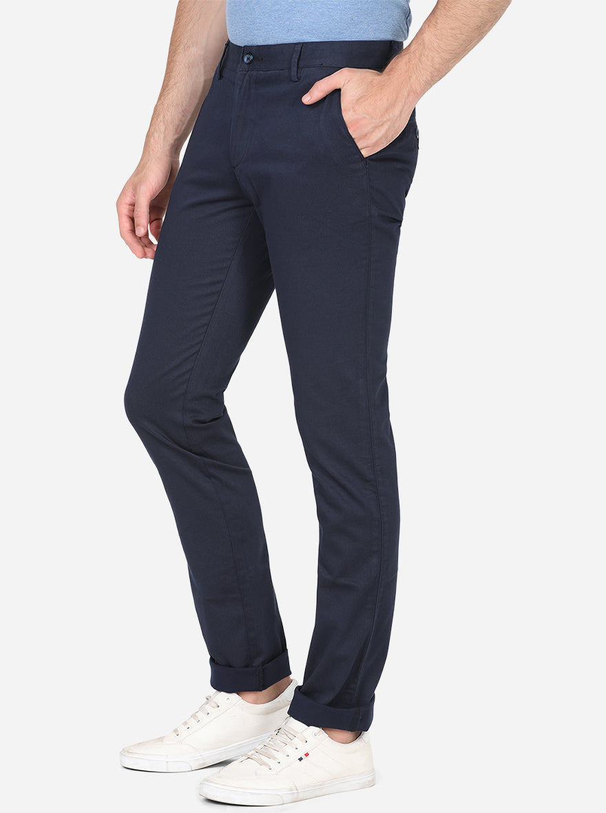 Navy Blue Solid Super Slim Fit Casual Trouser | Greenfibre