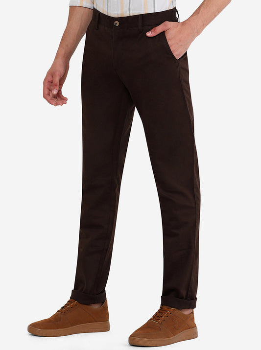 Dark Coffee Brown Solid Super Slim Fit Casual Trouser | Greenfibre