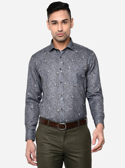 Slate Grey Printed Slim Fit Party Wear Shirt | Greenfibre