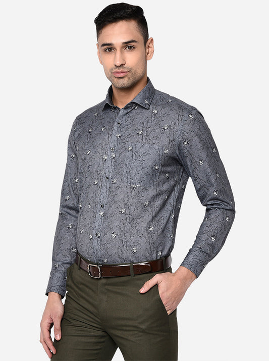 Slate Grey Printed Slim Fit Party Wear Shirt | Greenfibre