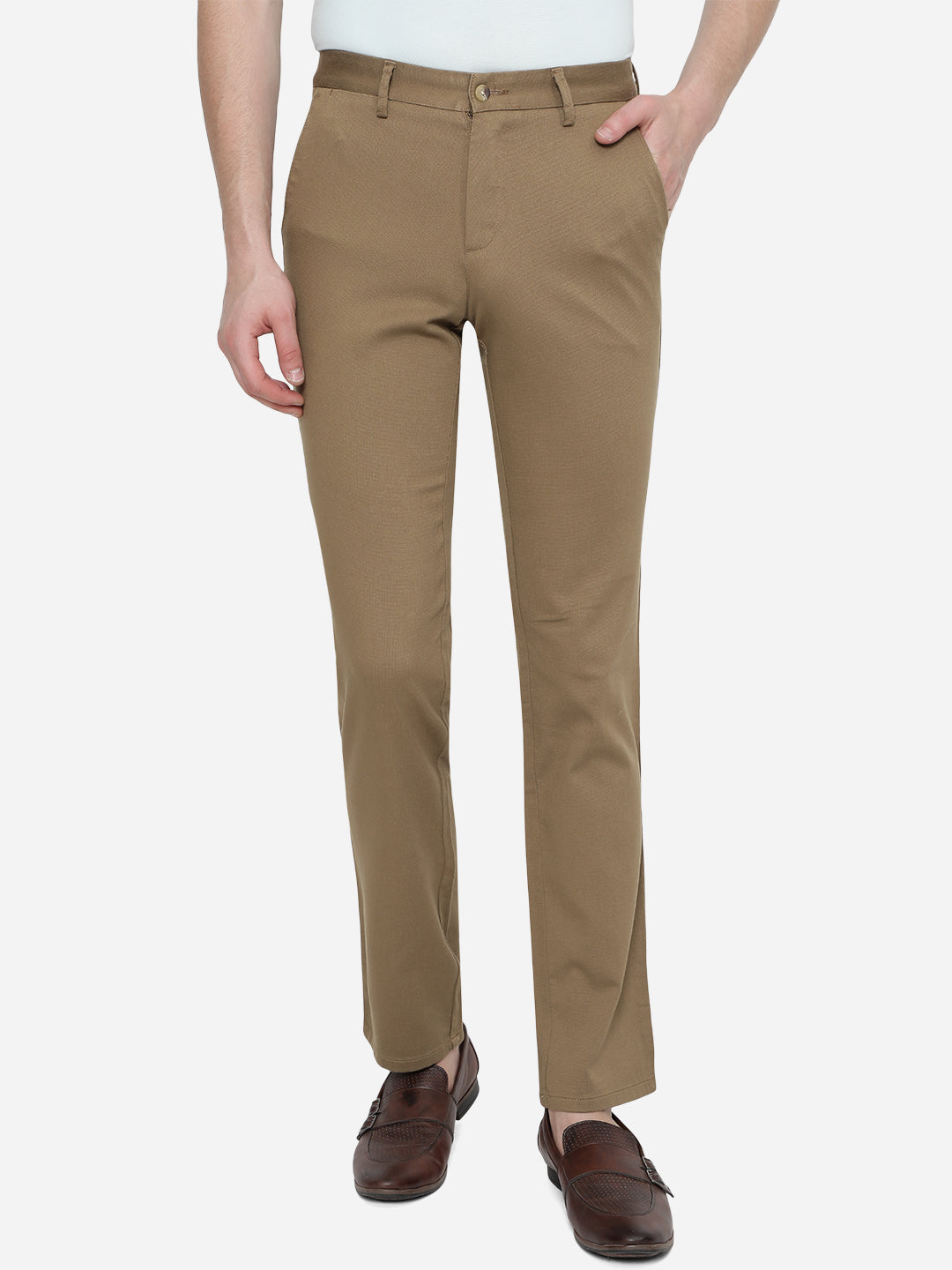 Dark Khaki Solid Slim Fit Casual Trouser | Greenfibre