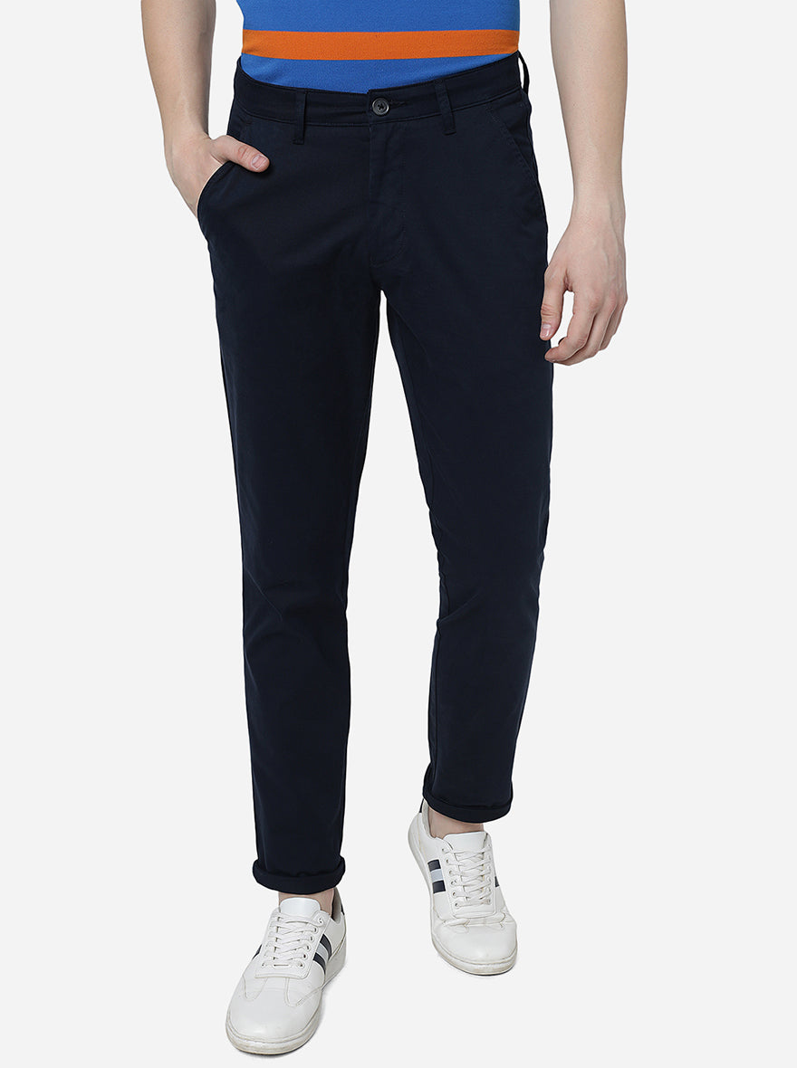 Navy Blue Solid Slim Fit Casual Trouser | Greenfibre