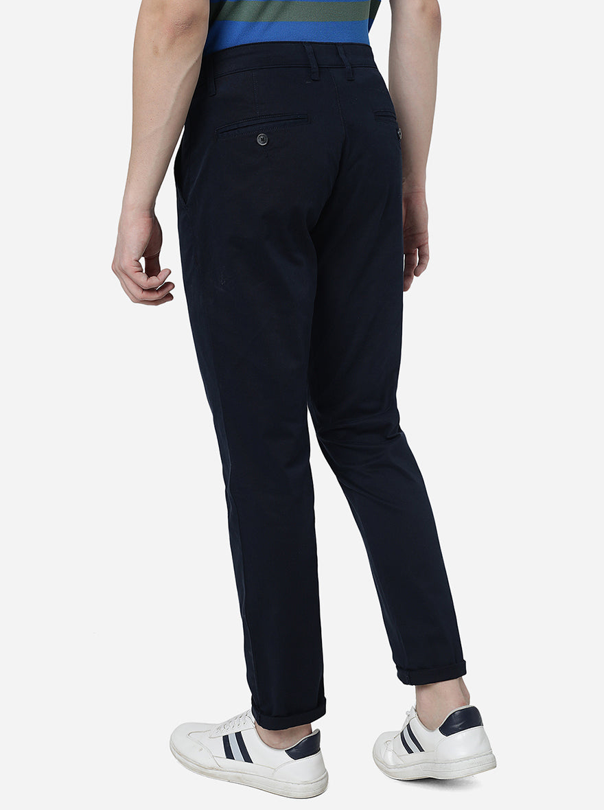 Navy Blue Solid Slim Fit Casual Trouser | Greenfibre