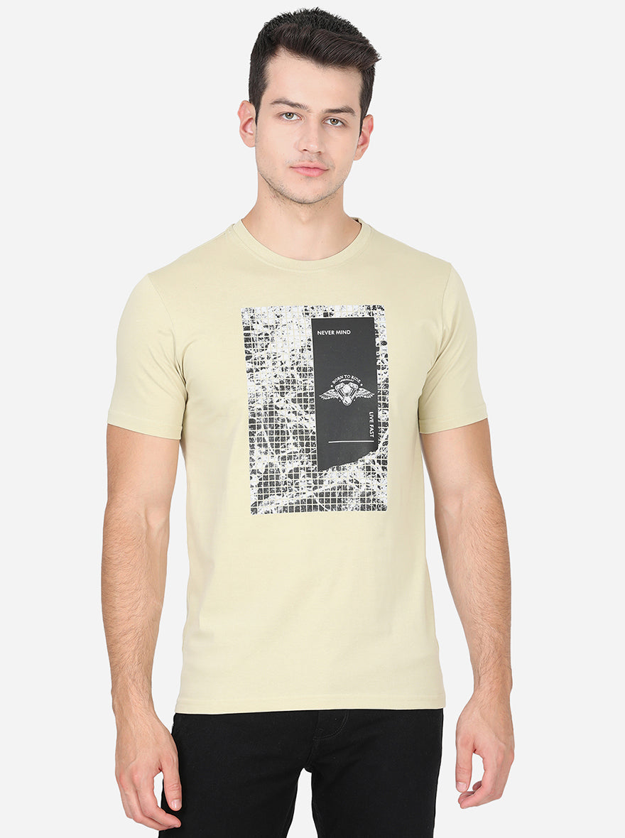 Light Beige Printed Slim Fit T-Shirt | Greenfibre