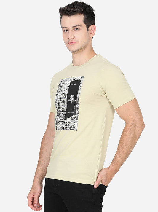 Light Beige Printed Slim Fit T-Shirt | Greenfibre