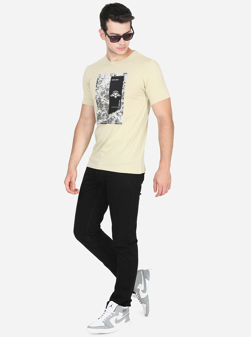 Light Beige Printed Slim Fit T-Shirt | Greenfibre