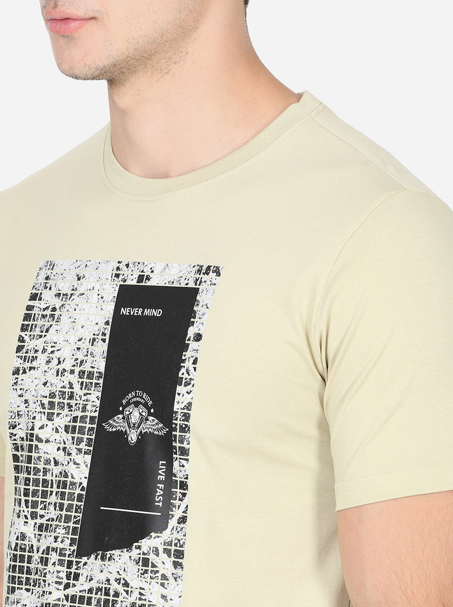 Light Beige Printed Slim Fit T-Shirt | Greenfibre