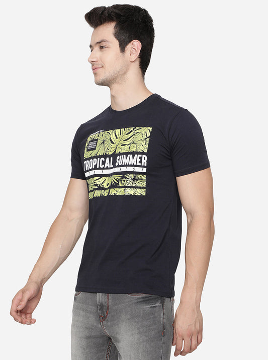 Navy Blue Printed Slim Fit T-Shirt | Greenfibre