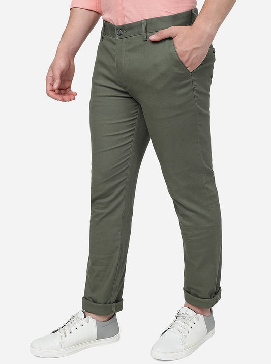 Olive Green Solid Super Slim Fit Casual Trouser | Greenfibre