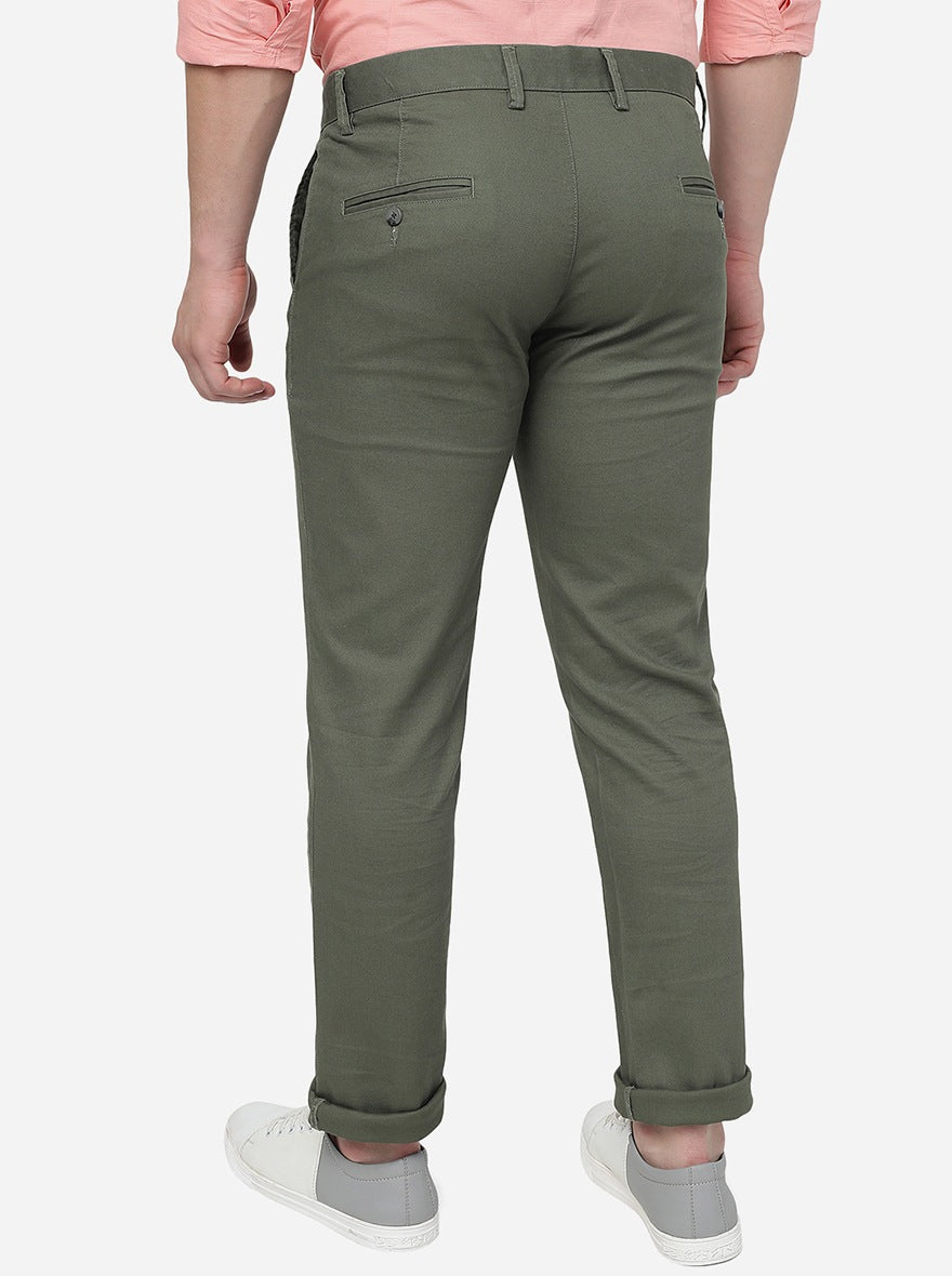 Olive Green Solid Super Slim Fit Casual Trouser | Greenfibre