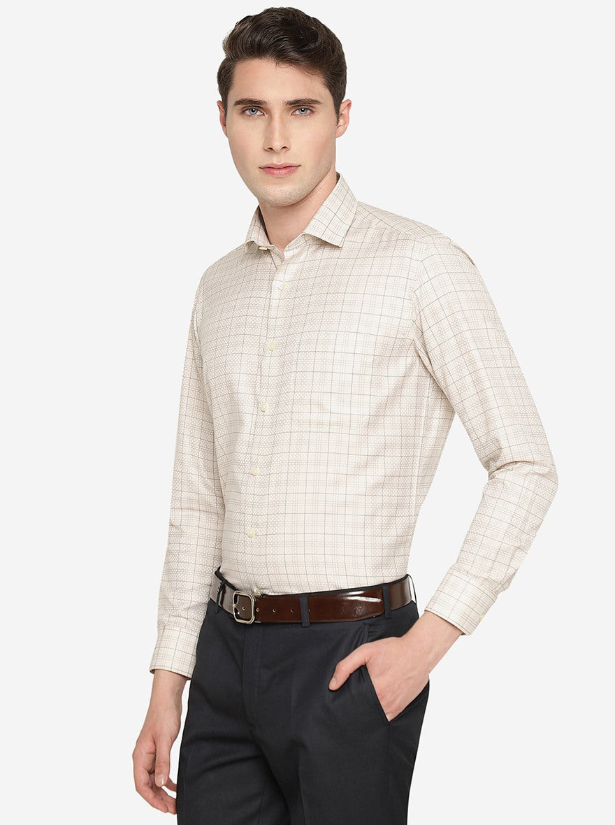 Cream Checked Slim Fit Formal Shirt | Greenfibre