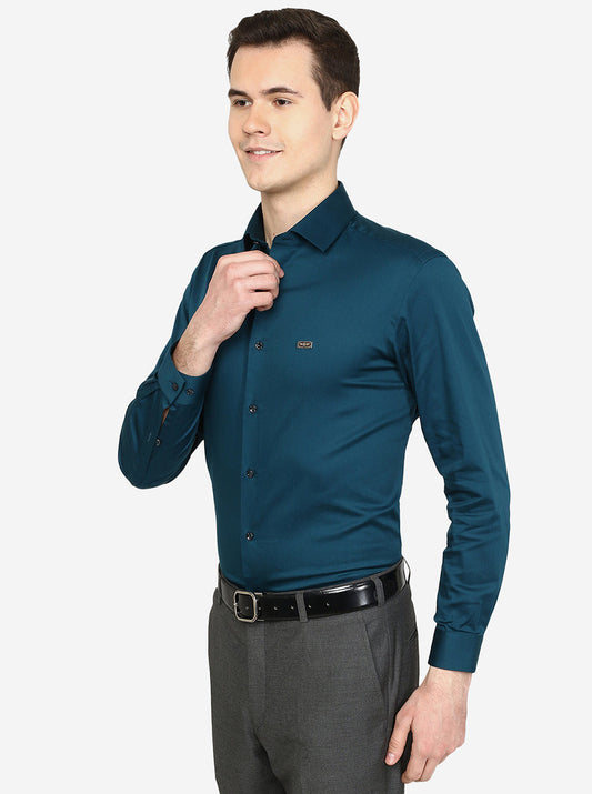 Peacock Blue Solid Slim Fit Party Wear Shirt | Greenfibre