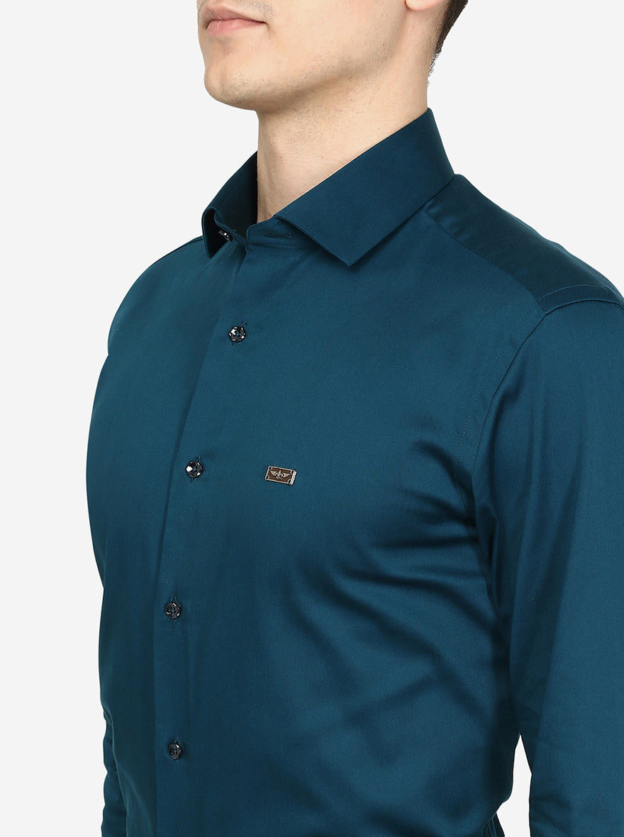 Peacock Blue Solid Slim Fit Party Wear Shirt | Greenfibre