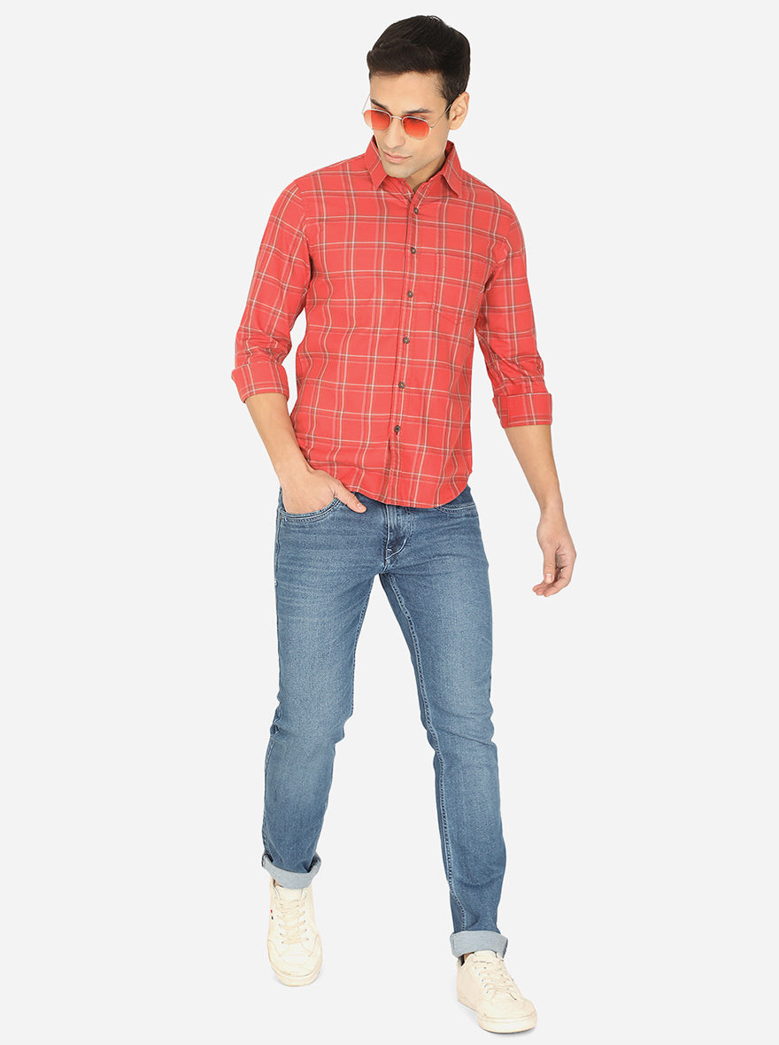 Rose Pink Checked Slim Fit Semi Casual Shirt | Greenfibre