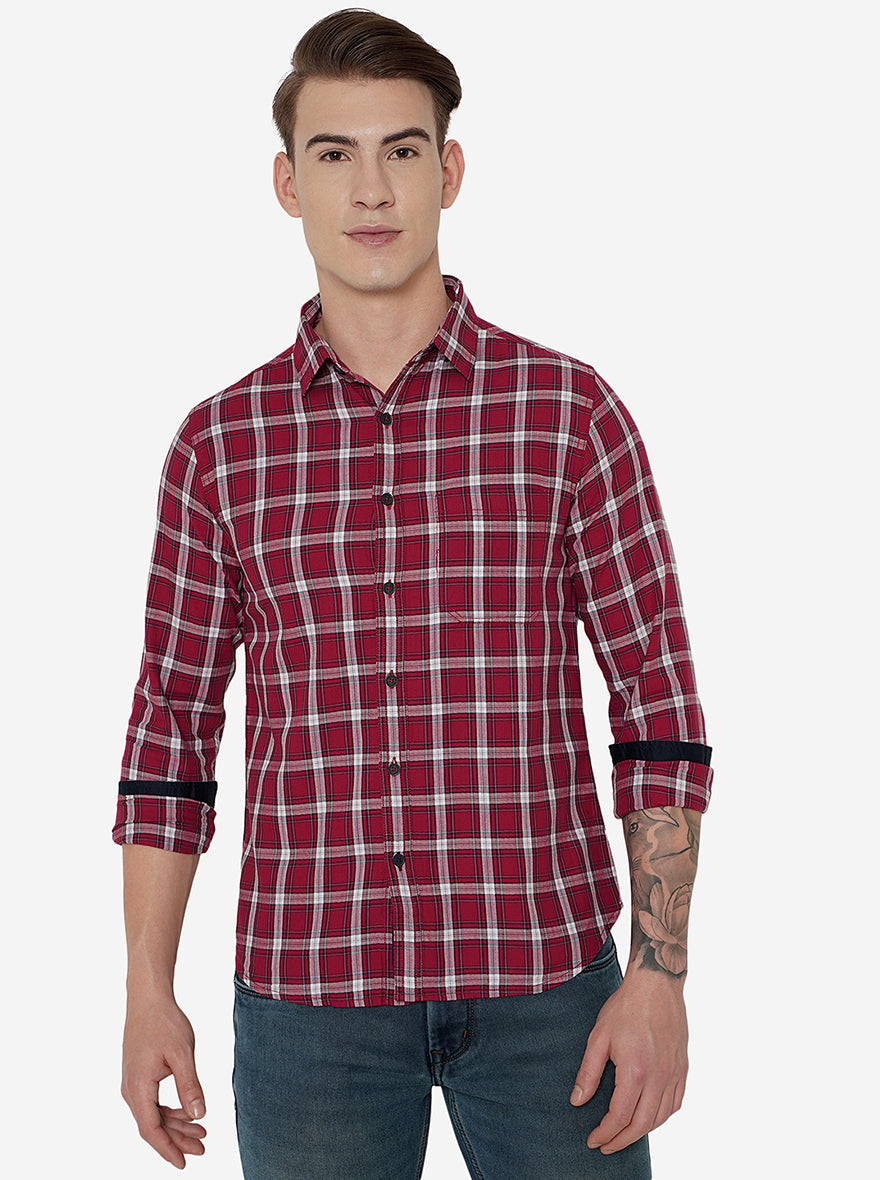 Rumba Red Checked Slim Fit Semi Casual Shirt | Greenfibre