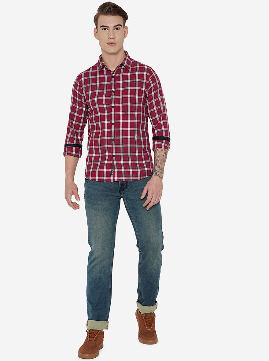 Rumba Red Checked Slim Fit Semi Casual Shirt | Greenfibre