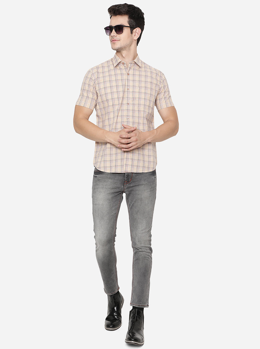 Light Beige Checked Slim Fit Casual Shirt | Greenfibre